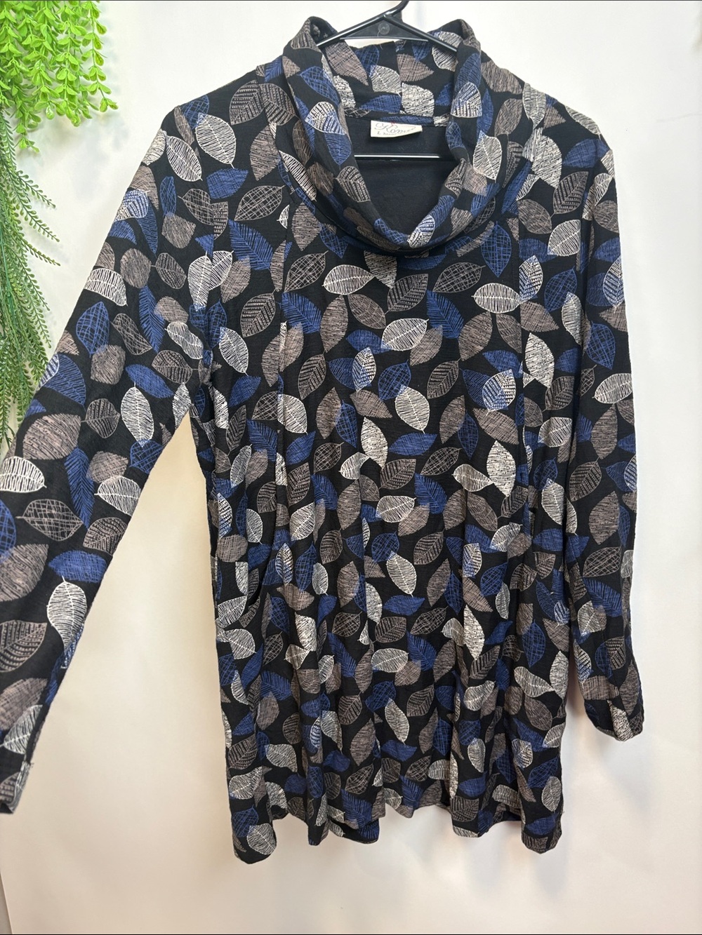 Leaf-Print Cowl Neck Tunic - Blue, Gray & Black - Cotton knit